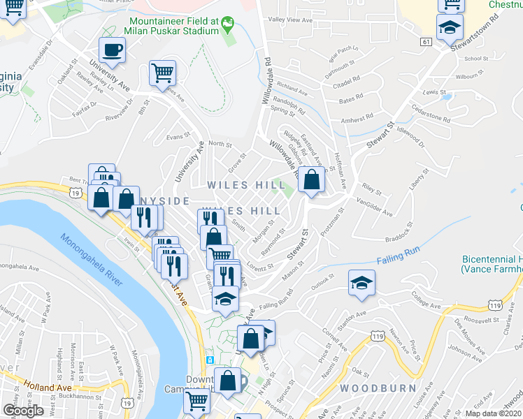 map of restaurants, bars, coffee shops, grocery stores, and more near 457 Overhill Street in Morgantown