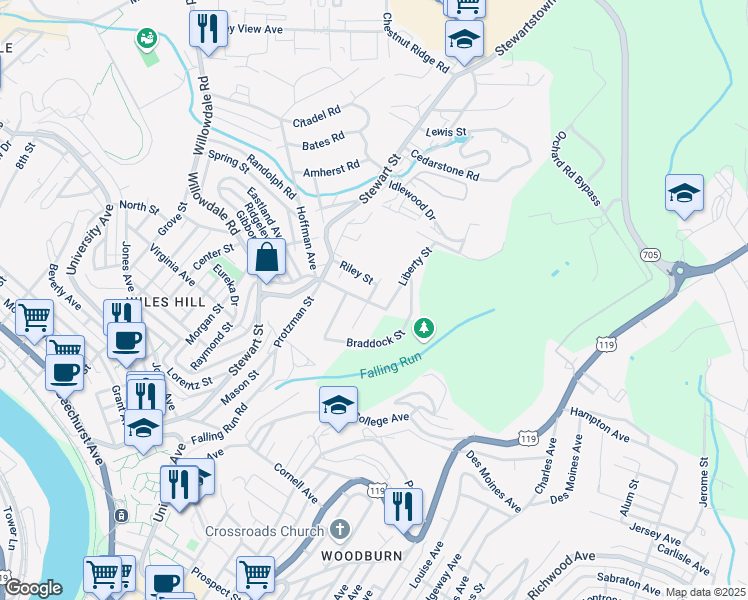 map of restaurants, bars, coffee shops, grocery stores, and more near 443 VanGilder Avenue in Morgantown