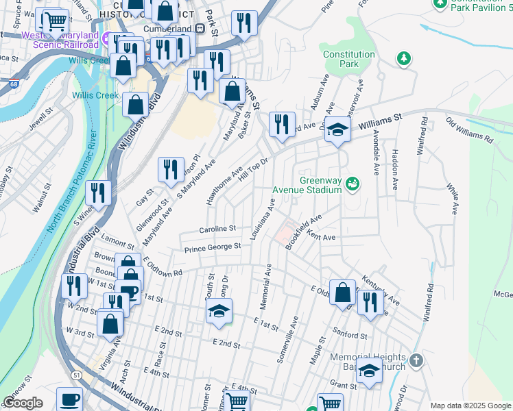 map of restaurants, bars, coffee shops, grocery stores, and more near 708 Montgomery Avenue in Cumberland