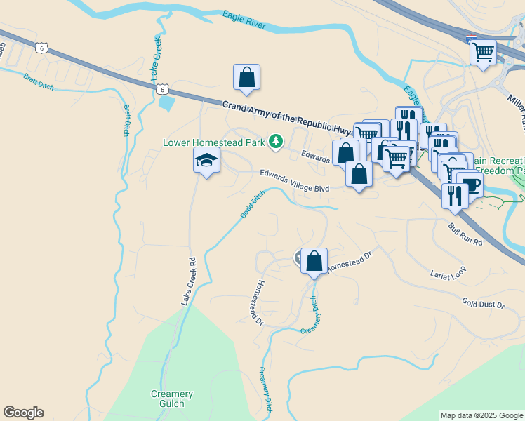 map of restaurants, bars, coffee shops, grocery stores, and more near 192 Heritage Park Place in Edwards