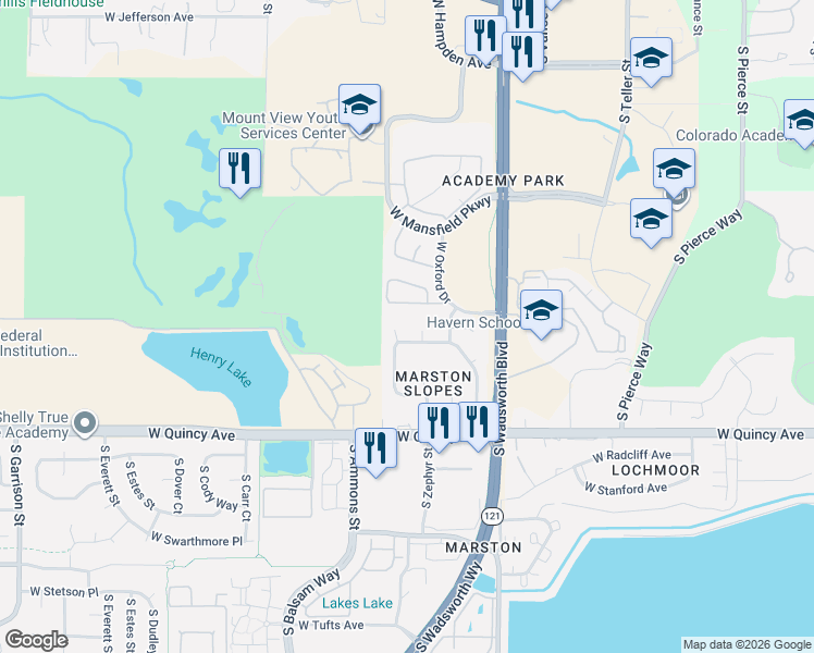 map of restaurants, bars, coffee shops, grocery stores, and more near 4120 South Allison Street in Lakewood