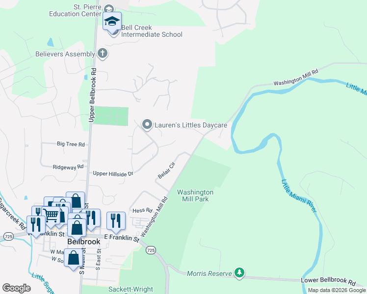 map of restaurants, bars, coffee shops, grocery stores, and more near 232 Washington Mill Road in Bellbrook