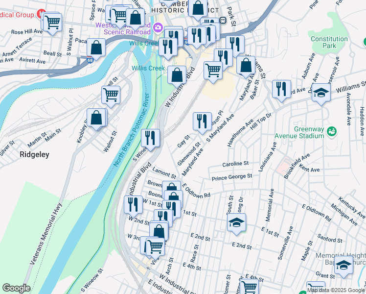 map of restaurants, bars, coffee shops, grocery stores, and more near 918 Gay Street in Cumberland