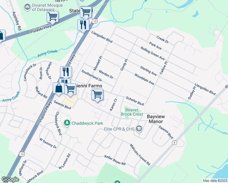 map of restaurants, bars, coffee shops, grocery stores, and more near 233 Gordy Place in New Castle