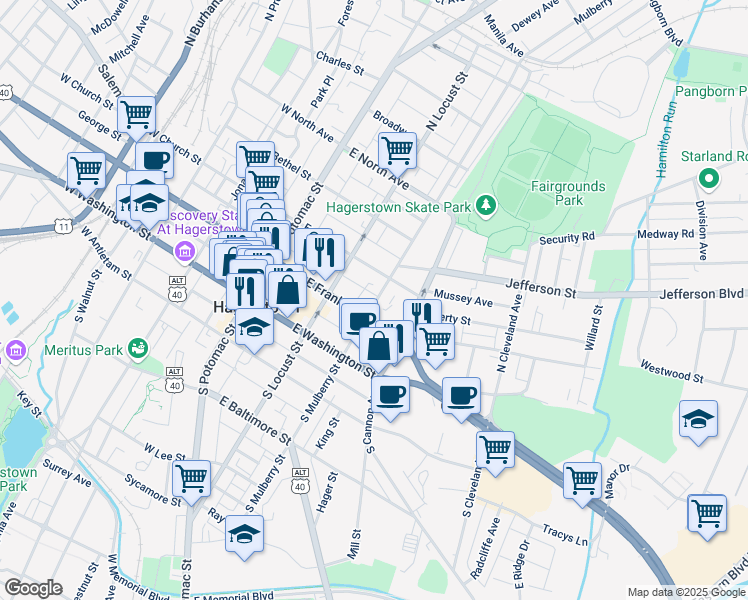 map of restaurants, bars, coffee shops, grocery stores, and more near 119 North Mulberry Street in Hagerstown