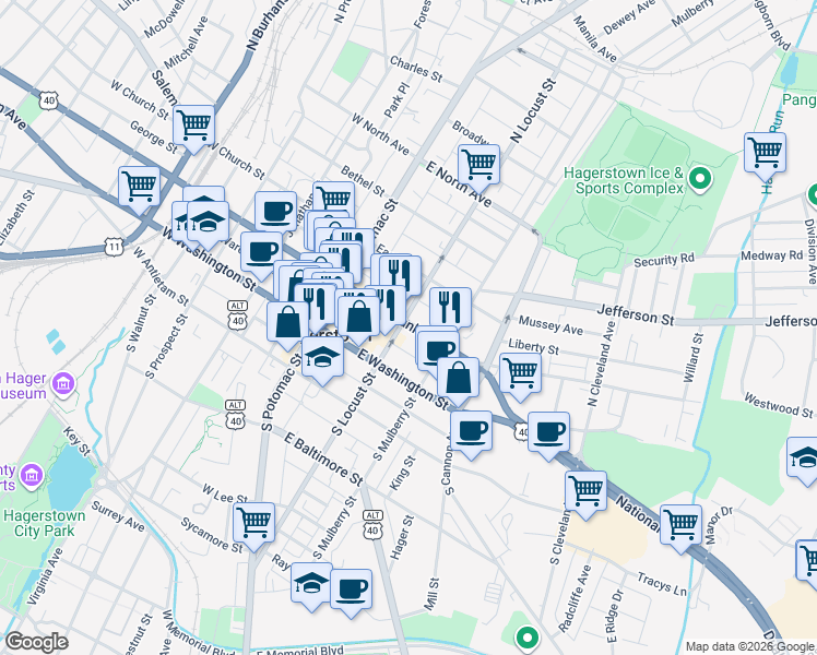 map of restaurants, bars, coffee shops, grocery stores, and more near 128 East Franklin Street in Hagerstown