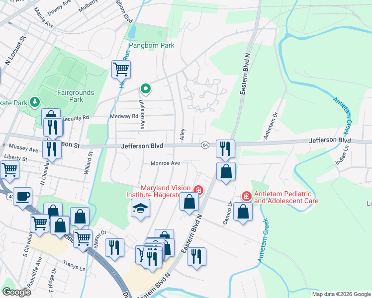 map of restaurants, bars, coffee shops, grocery stores, and more near 945 Jefferson Boulevard in Hagerstown