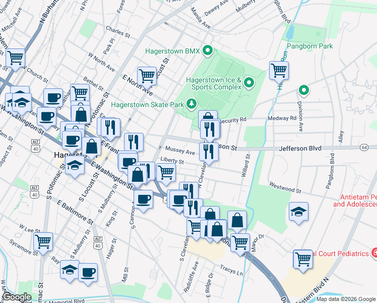 map of restaurants, bars, coffee shops, grocery stores, and more near 413 Mussey Avenue in Hagerstown