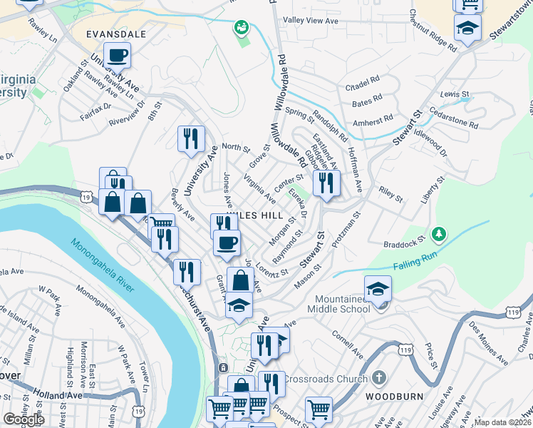 map of restaurants, bars, coffee shops, grocery stores, and more near 442 Center Street in Morgantown