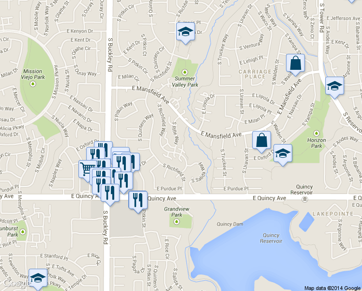 map of restaurants, bars, coffee shops, grocery stores, and more near 4107 South Rifle Way in Aurora