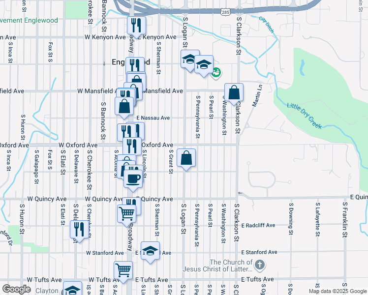 map of restaurants, bars, coffee shops, grocery stores, and more near 4101 South Logan Street in Englewood