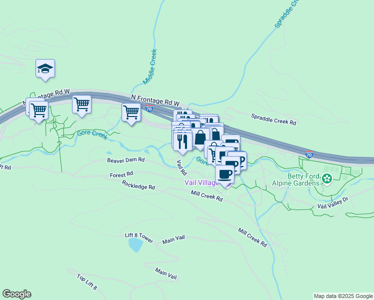 map of restaurants, bars, coffee shops, grocery stores, and more near 62 East Meadow Drive in Vail