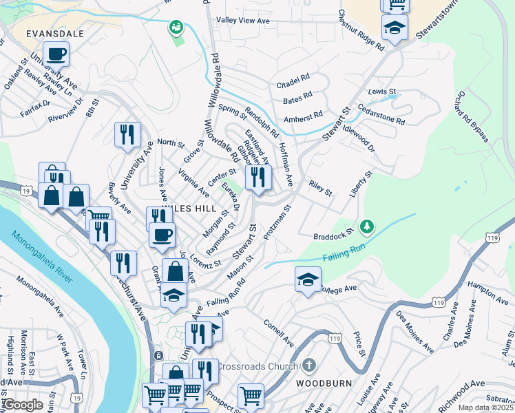 map of restaurants, bars, coffee shops, grocery stores, and more near 580 Stewart Street in Morgantown