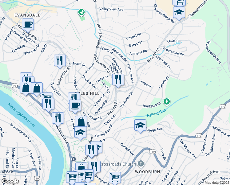 map of restaurants, bars, coffee shops, grocery stores, and more near 580 Stewart Street in Morgantown