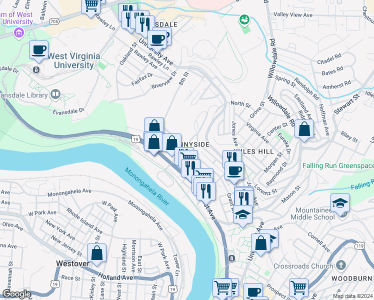 map of restaurants, bars, coffee shops, grocery stores, and more near 516 McLane Avenue in Morgantown