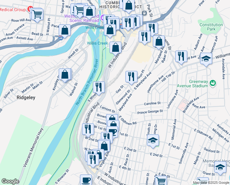 map of restaurants, bars, coffee shops, grocery stores, and more near 931 Gay Street in Cumberland