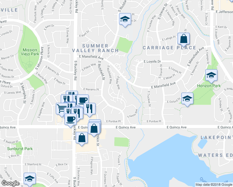 map of restaurants, bars, coffee shops, grocery stores, and more near 4107 South Rifle Way in Aurora