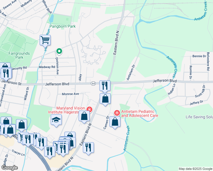 map of restaurants, bars, coffee shops, grocery stores, and more near 246 Eastern Boulevard North in Hagerstown