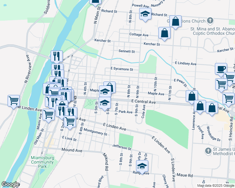 map of restaurants, bars, coffee shops, grocery stores, and more near 702 Maple Avenue in Miamisburg