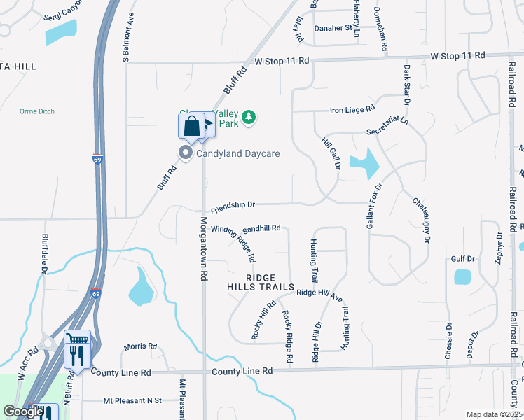 map of restaurants, bars, coffee shops, grocery stores, and more near 1831 Friendship Drive in Indianapolis