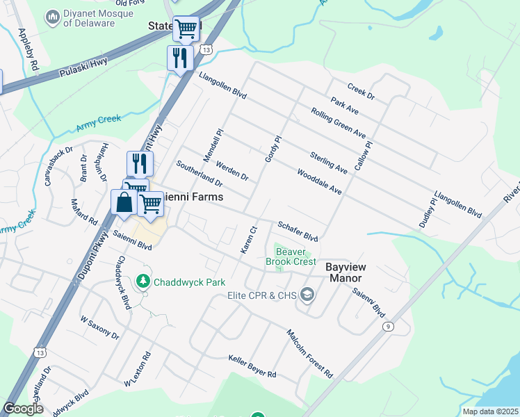 map of restaurants, bars, coffee shops, grocery stores, and more near 233 Gordy Place in New Castle