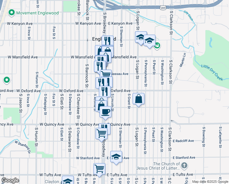 map of restaurants, bars, coffee shops, grocery stores, and more near 4100 South Lincoln Street in Englewood