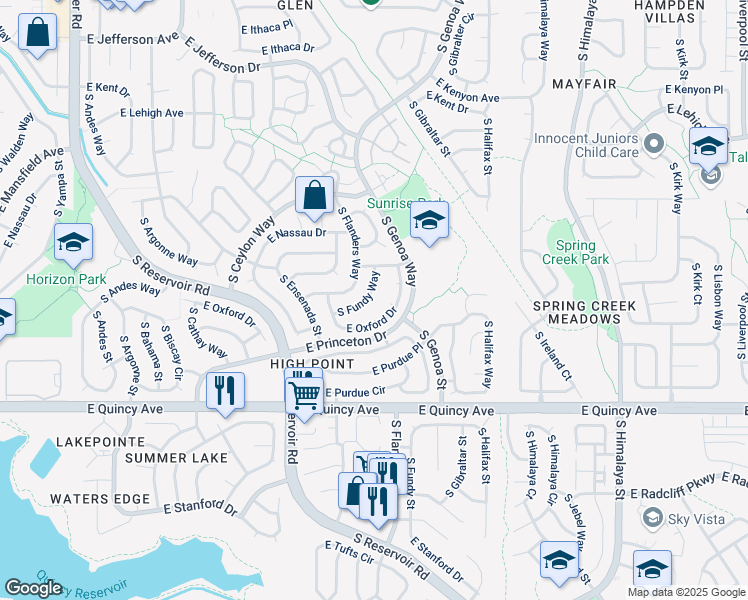 map of restaurants, bars, coffee shops, grocery stores, and more near 4048 South Fundy Way in Aurora