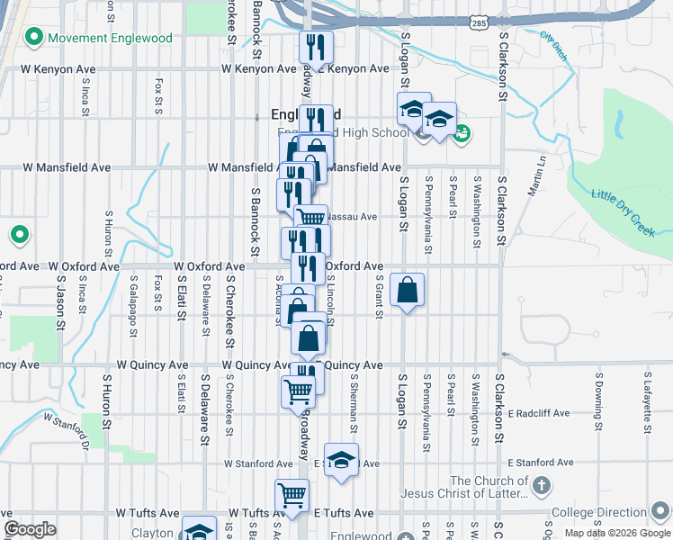 map of restaurants, bars, coffee shops, grocery stores, and more near 4100 South Lincoln Street in Englewood
