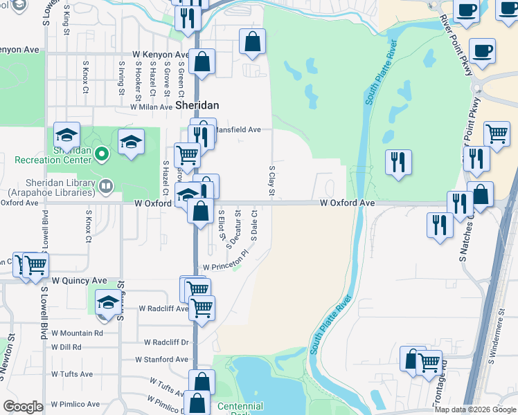 map of restaurants, bars, coffee shops, grocery stores, and more near 4100 South Dale Court in Englewood
