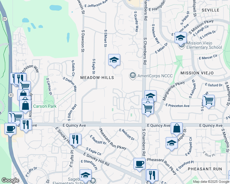 map of restaurants, bars, coffee shops, grocery stores, and more near 4140 South Evanston Circle in Aurora
