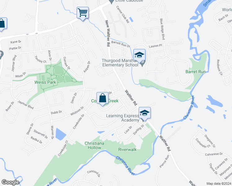 map of restaurants, bars, coffee shops, grocery stores, and more near 405 Barley Drive in Newark