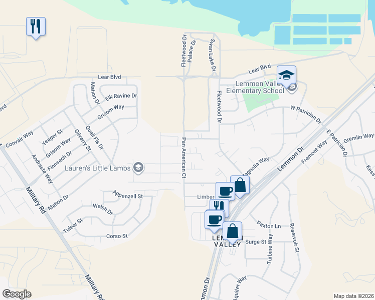 map of restaurants, bars, coffee shops, grocery stores, and more near 9400 Pan American Court in Reno