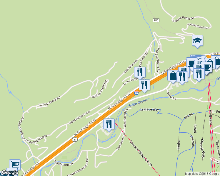 map of restaurants, bars, coffee shops, grocery stores, and more near 1374 Sandstone Drive in Vail