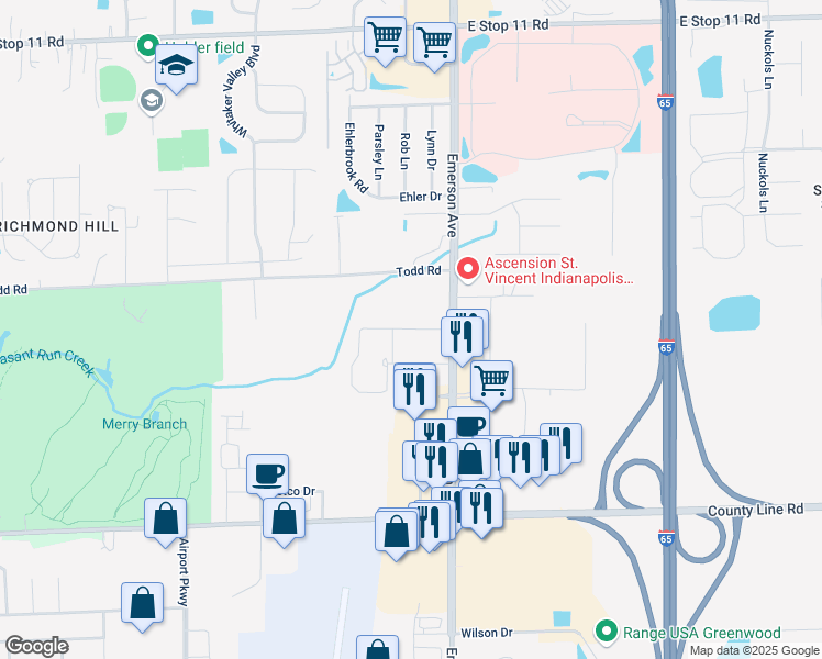 map of restaurants, bars, coffee shops, grocery stores, and more near Sir Barton Way in Indianapolis