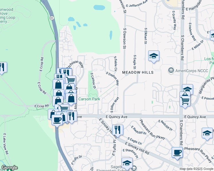 map of restaurants, bars, coffee shops, grocery stores, and more near 14303 East Napa Place in Aurora
