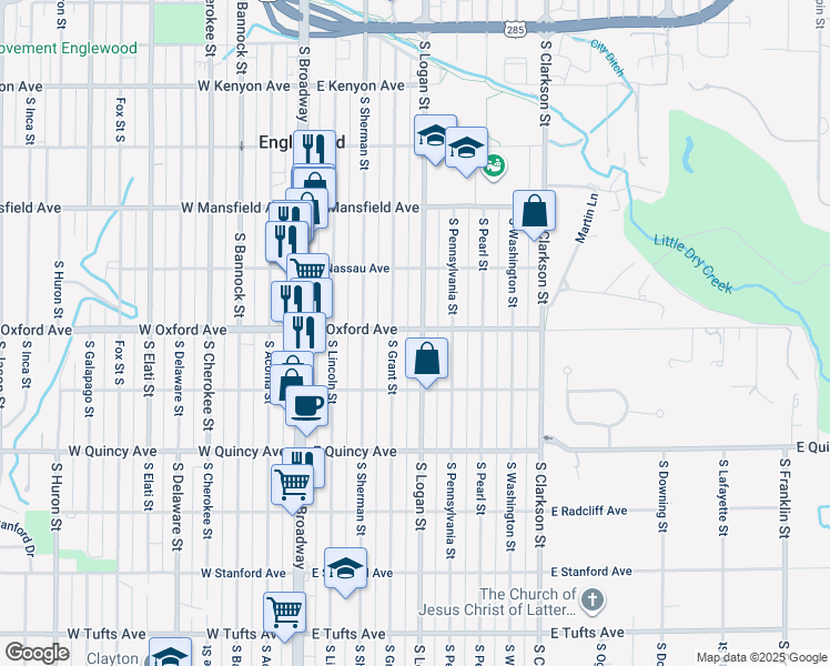 map of restaurants, bars, coffee shops, grocery stores, and more near 4101 South Logan Street in Englewood