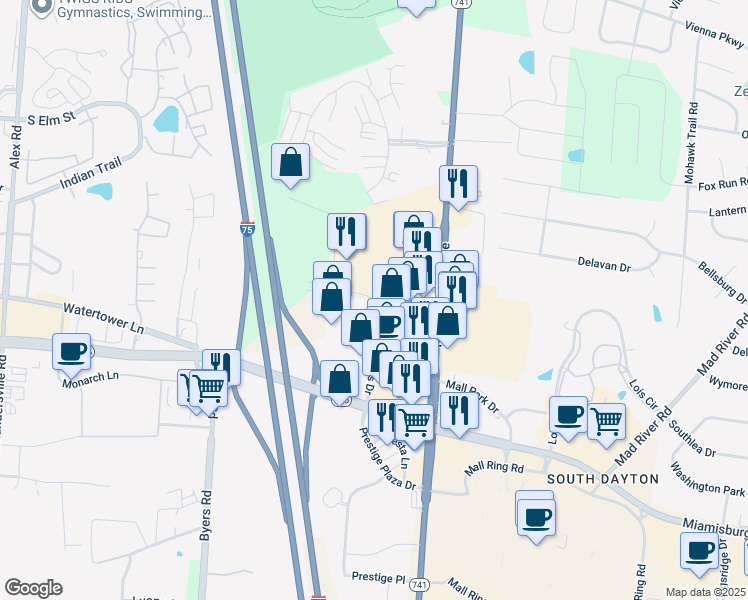 map of restaurants, bars, coffee shops, grocery stores, and more near 3757 Summit Glen Drive in Dayton