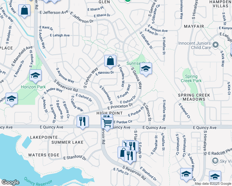 map of restaurants, bars, coffee shops, grocery stores, and more near 4092 South Flanders Way in Aurora