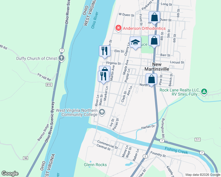 map of restaurants, bars, coffee shops, grocery stores, and more near 325 Main Street in New Martinsville