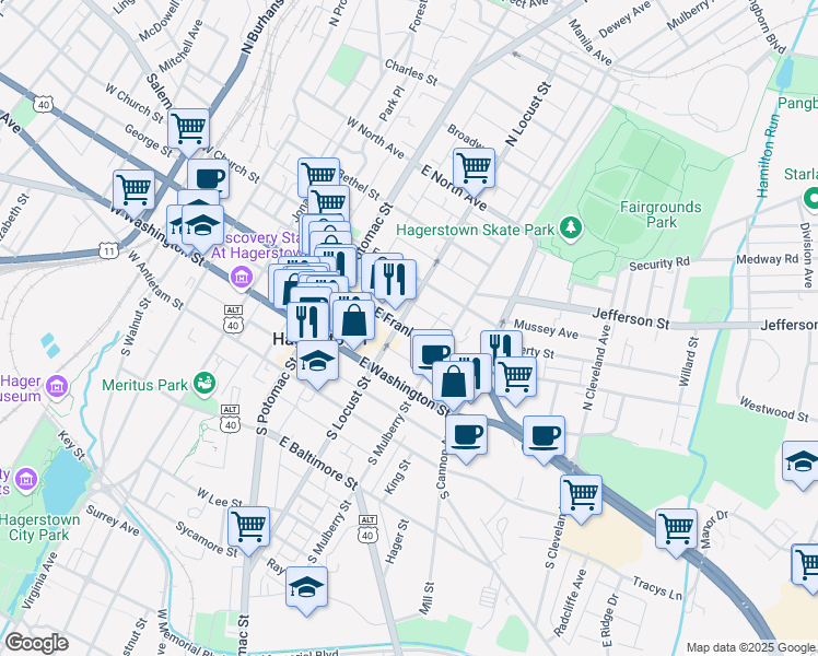 map of restaurants, bars, coffee shops, grocery stores, and more near 108 U.S. 40 in Hagerstown