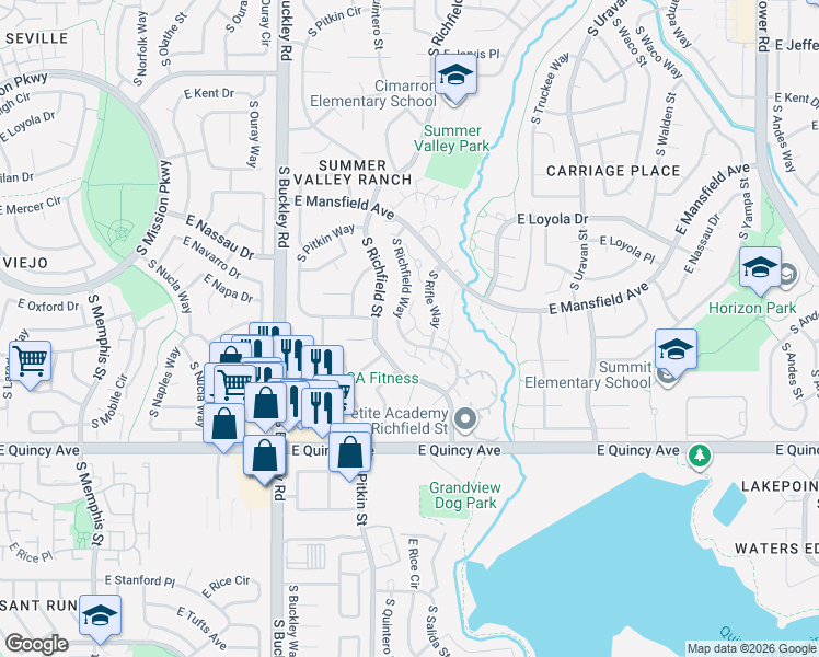 map of restaurants, bars, coffee shops, grocery stores, and more near 4101 South Richfield Way in Aurora