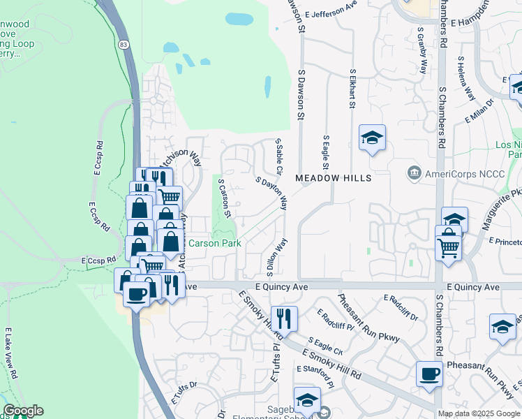 map of restaurants, bars, coffee shops, grocery stores, and more near 14303 East Napa Place in Aurora