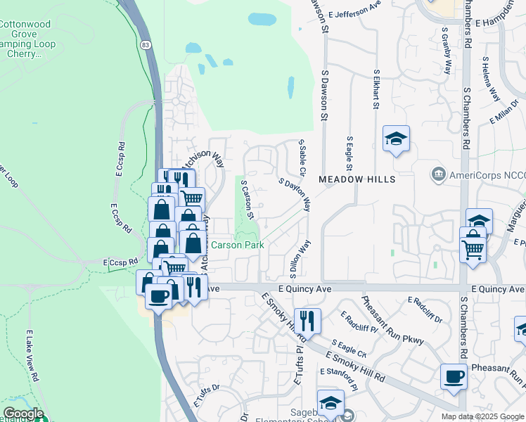 map of restaurants, bars, coffee shops, grocery stores, and more near 14211 East Napa Place in Aurora