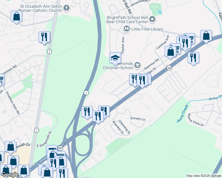 map of restaurants, bars, coffee shops, grocery stores, and more near 829 Seymour Road in Bear