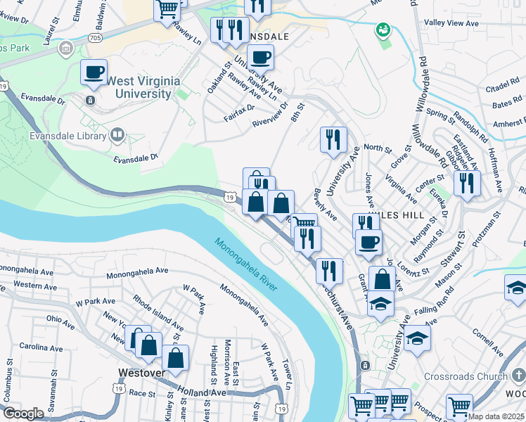map of restaurants, bars, coffee shops, grocery stores, and more near 100A 7th Street in Morgantown