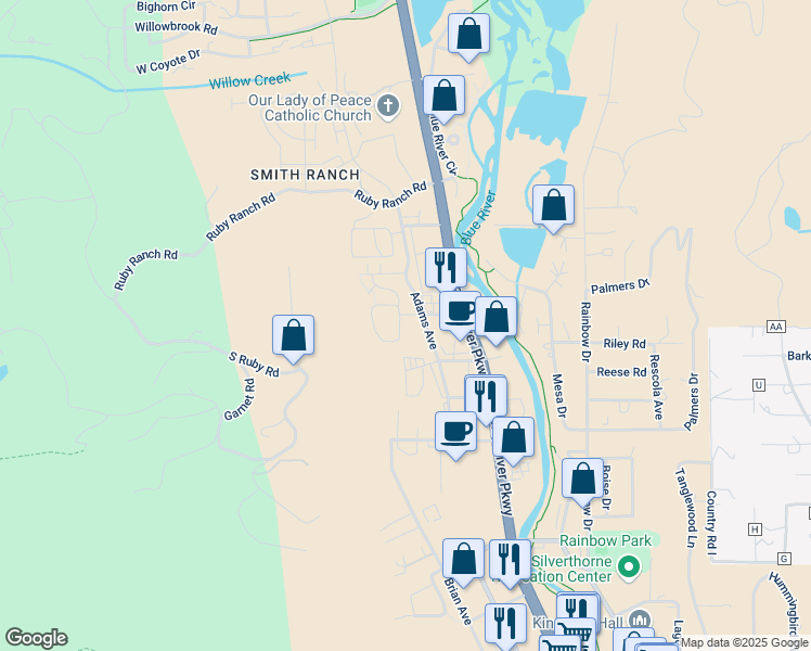 map of restaurants, bars, coffee shops, grocery stores, and more near 1081 Adams Avenue in Silverthorne