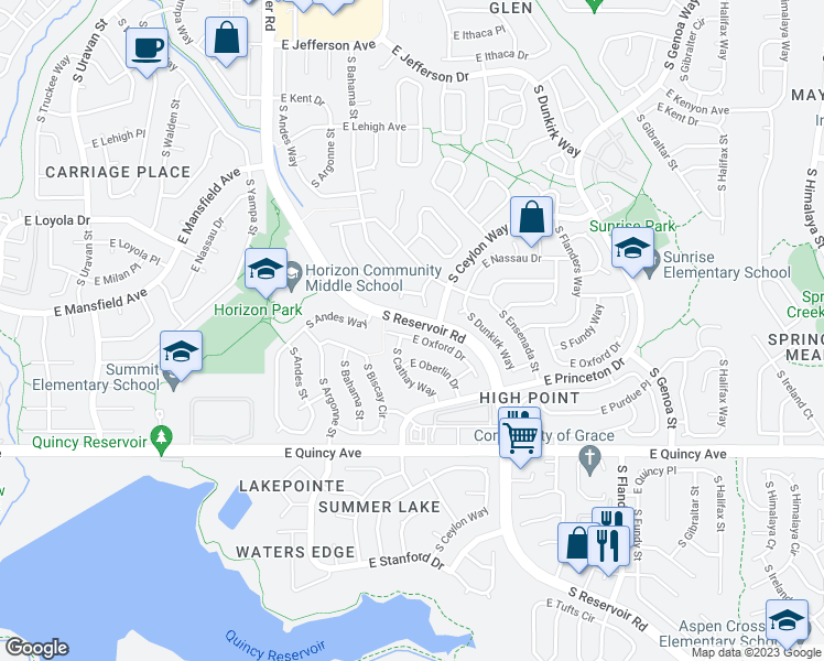 map of restaurants, bars, coffee shops, grocery stores, and more near 19023 East Oxford Drive in Aurora