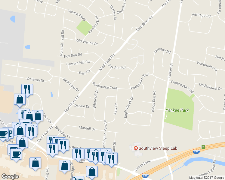 map of restaurants, bars, coffee shops, grocery stores, and more near 2046 Penbrooke Trail in Dayton