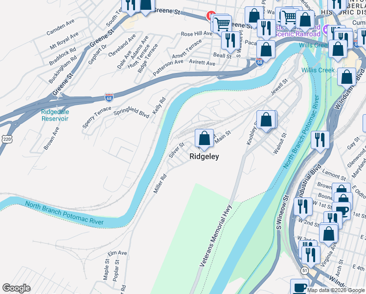 map of restaurants, bars, coffee shops, grocery stores, and more near 22 Potomac Street in Ridgeley