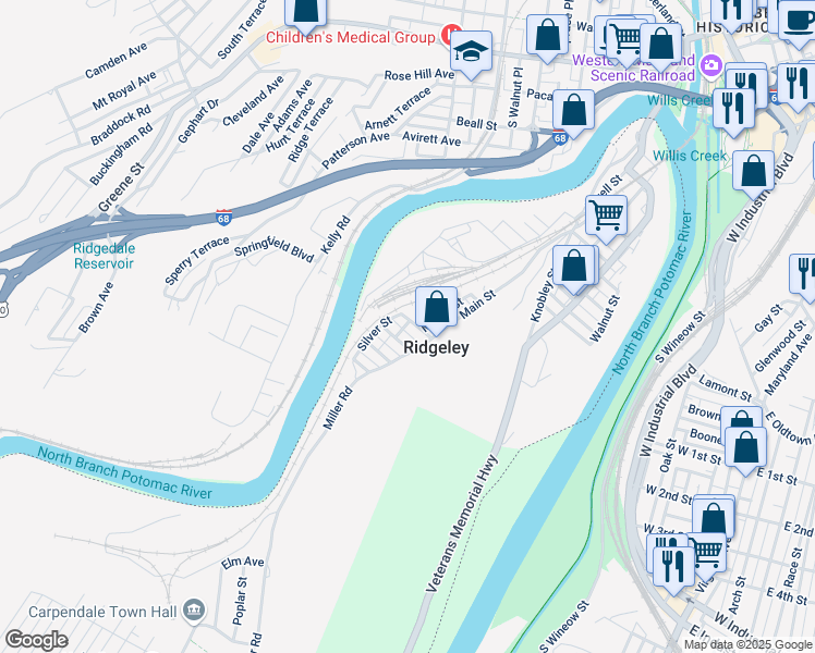 map of restaurants, bars, coffee shops, grocery stores, and more near 18 Silver Street in Ridgeley